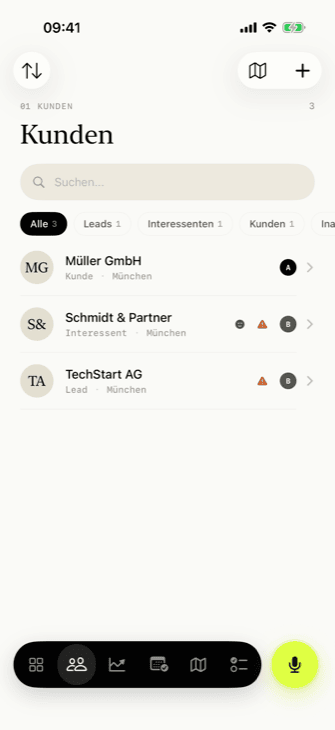 Kundenliste mit Suche und Filtern