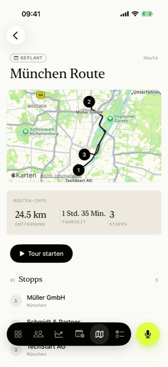 Tourenplanung in Ronvo: Route mit nummerierten Stopps auf der Karte